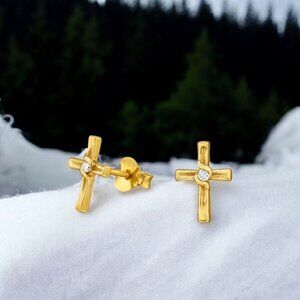 Gold Plated 925 Sterling Silver Cross Stud Earrings With Diamond Accent For Wome